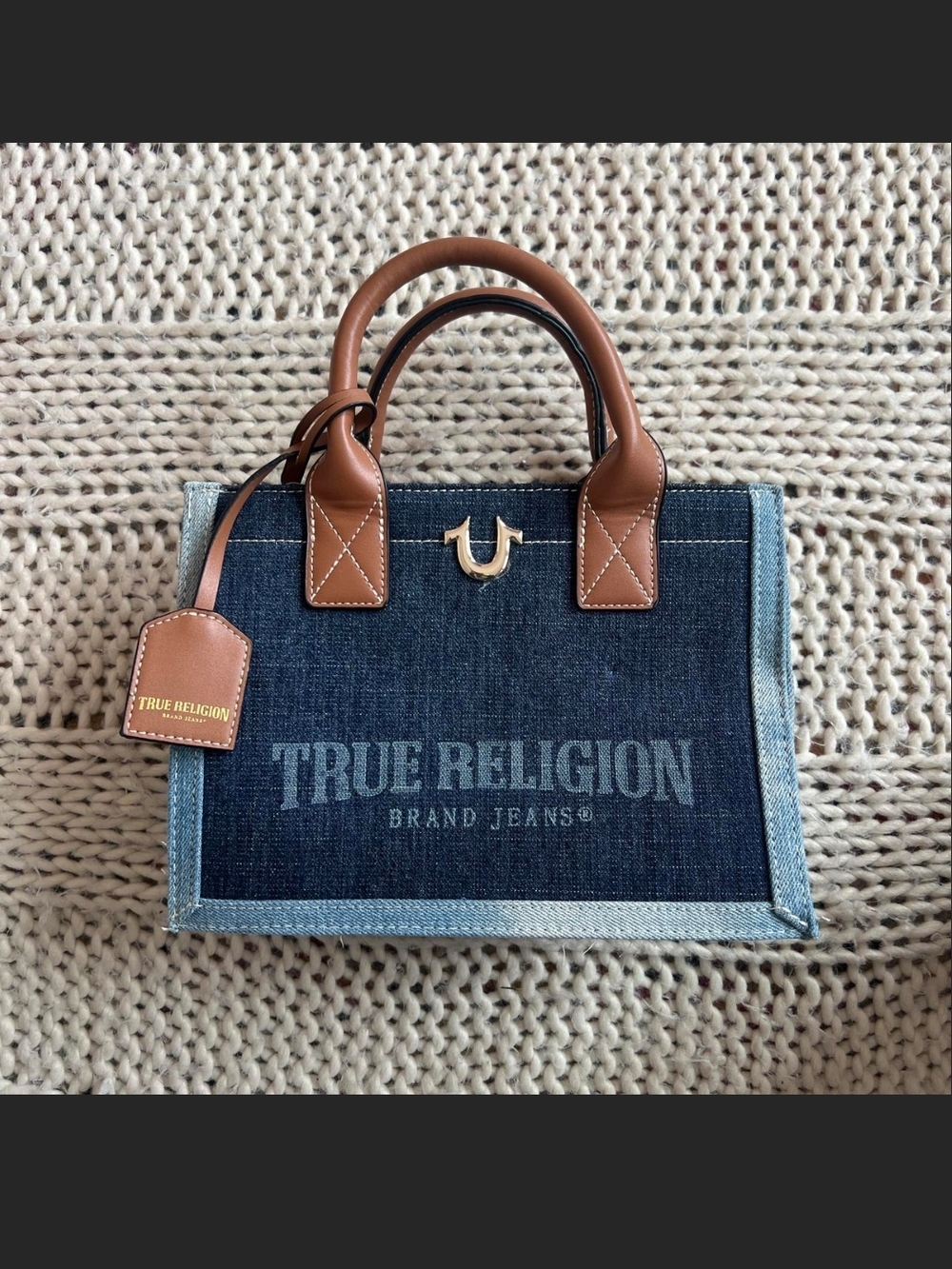 True Religion Dark Blue Denim Tote with Brown Leather Handles